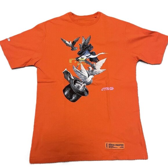 Heron Preston Mens Large Orange T-Shirt Bird Hat Magic - Picture 1 of 5
